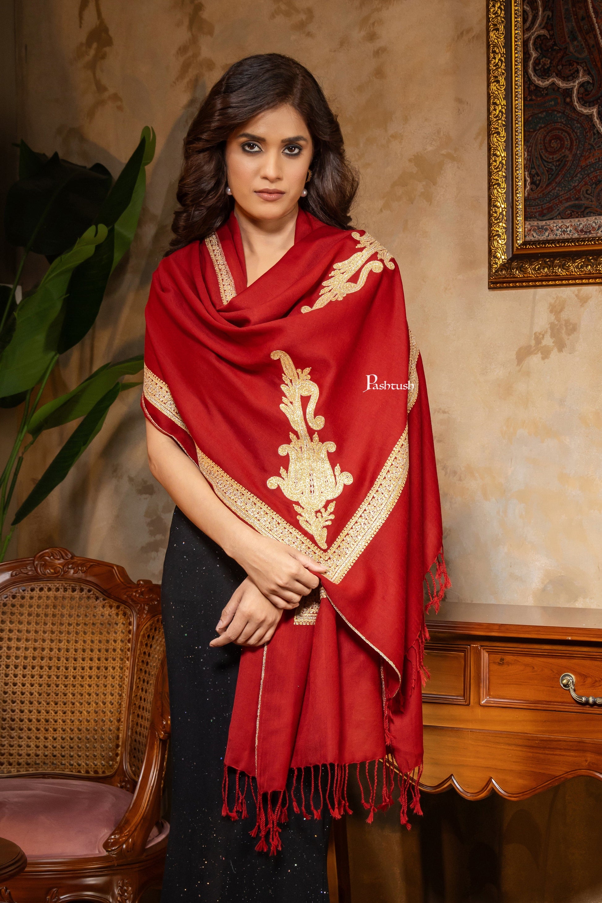 Pashtush India Womens Stoles and Scarves Scarf Pashtush Womens 100% Pure Wool With Woolmark Certificate Stole, Zari Border Kaani Design, Maroon