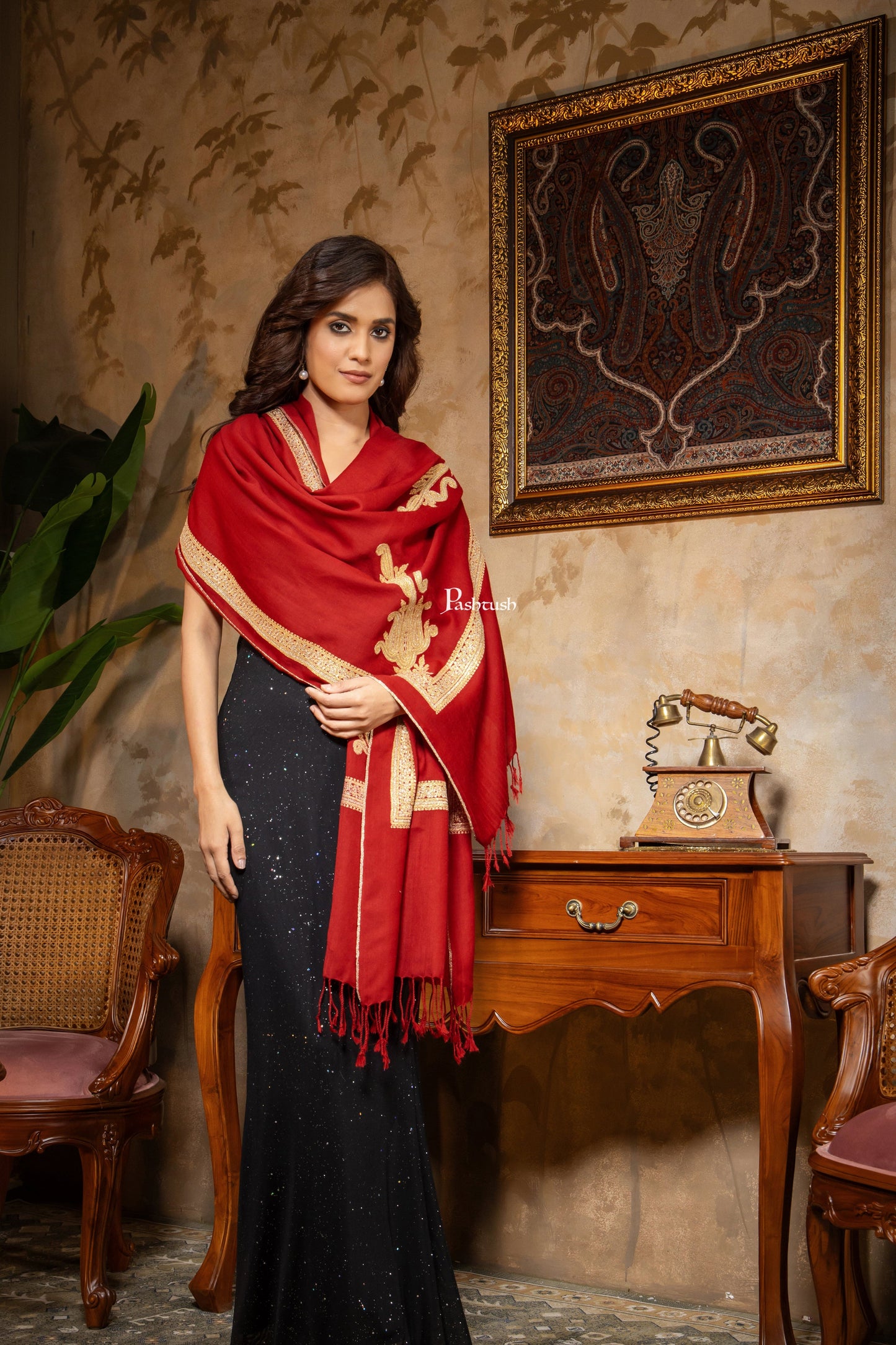 Pashtush India Womens Stoles and Scarves Scarf Pashtush Womens 100% Pure Wool With Woolmark Certificate Stole, Zari Border Kaani Design, Maroon