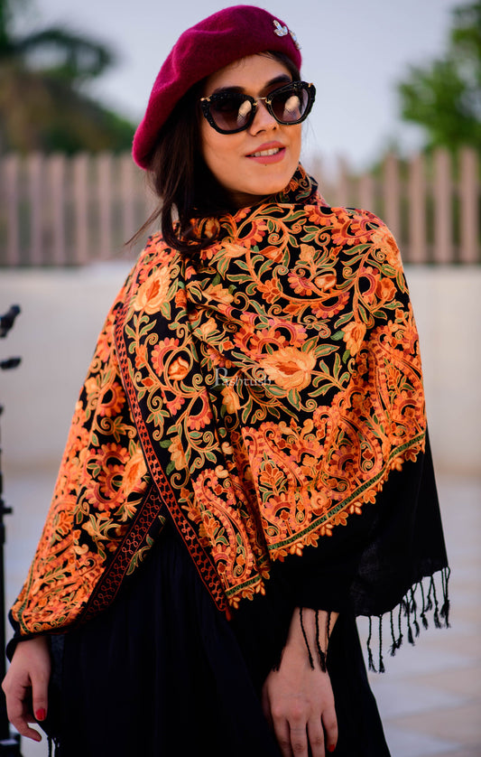 Pashtush India Womens Stoles and Scarves Scarf Pashtush Womens Aari Embroidery Stole, Fine Wool, Black