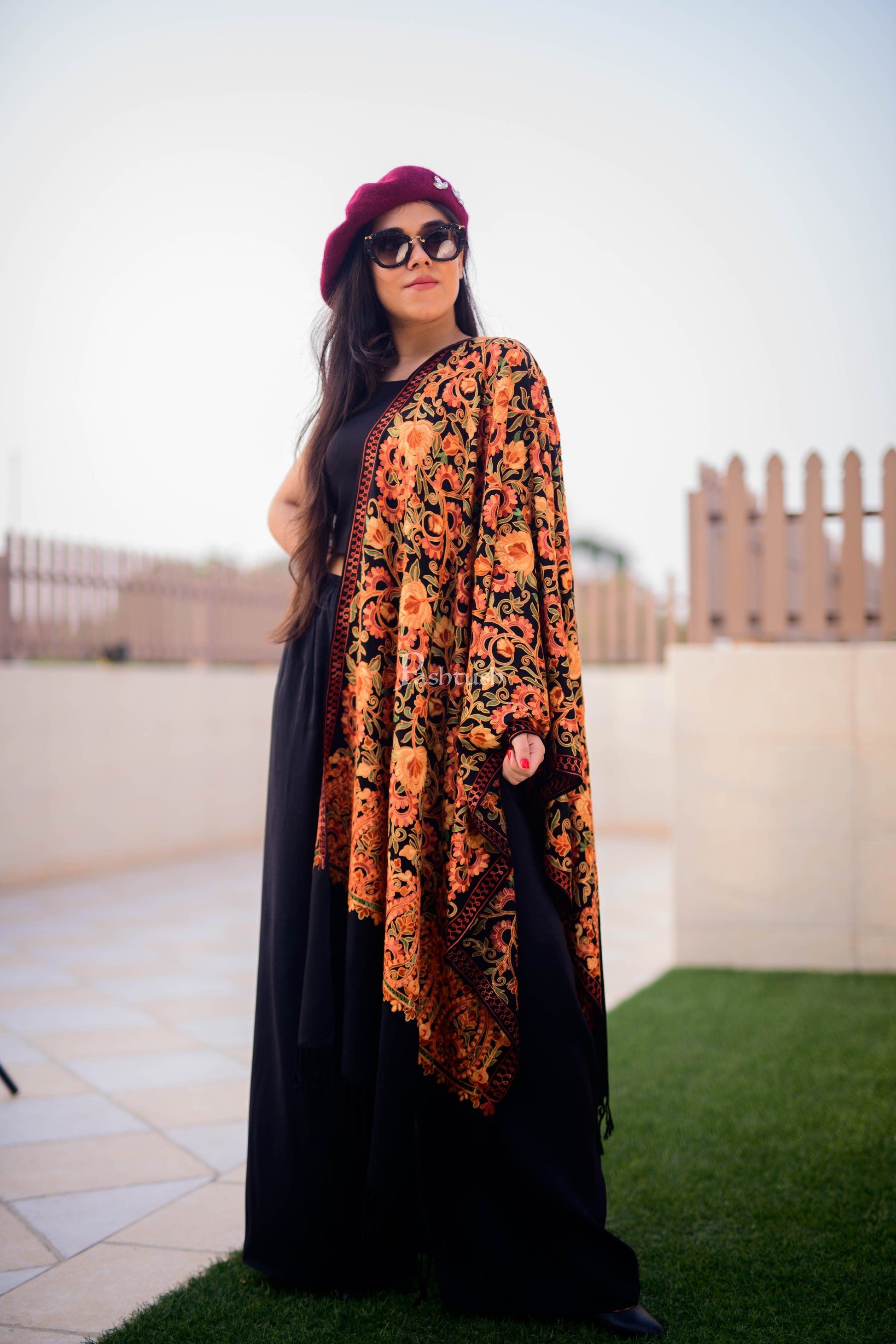 Pashtush India Womens Stoles and Scarves Scarf Pashtush Womens Aari Embroidery Stole, Fine Wool, Black