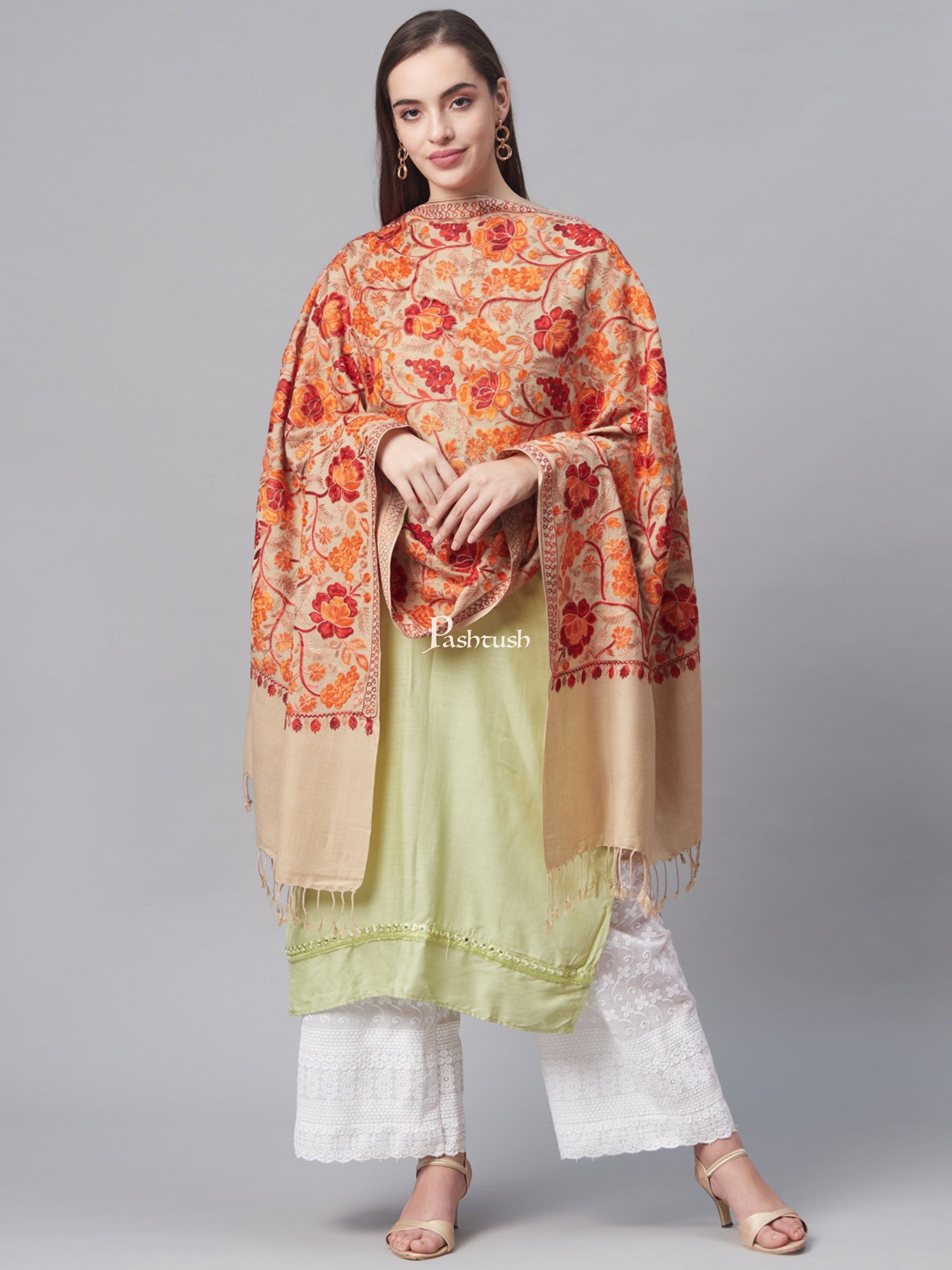 Pashtush India Womens Stoles and Scarves Scarf Pashtush Womens Aari Embroidery Stole Pervian Roses, Gulaabdar Beige