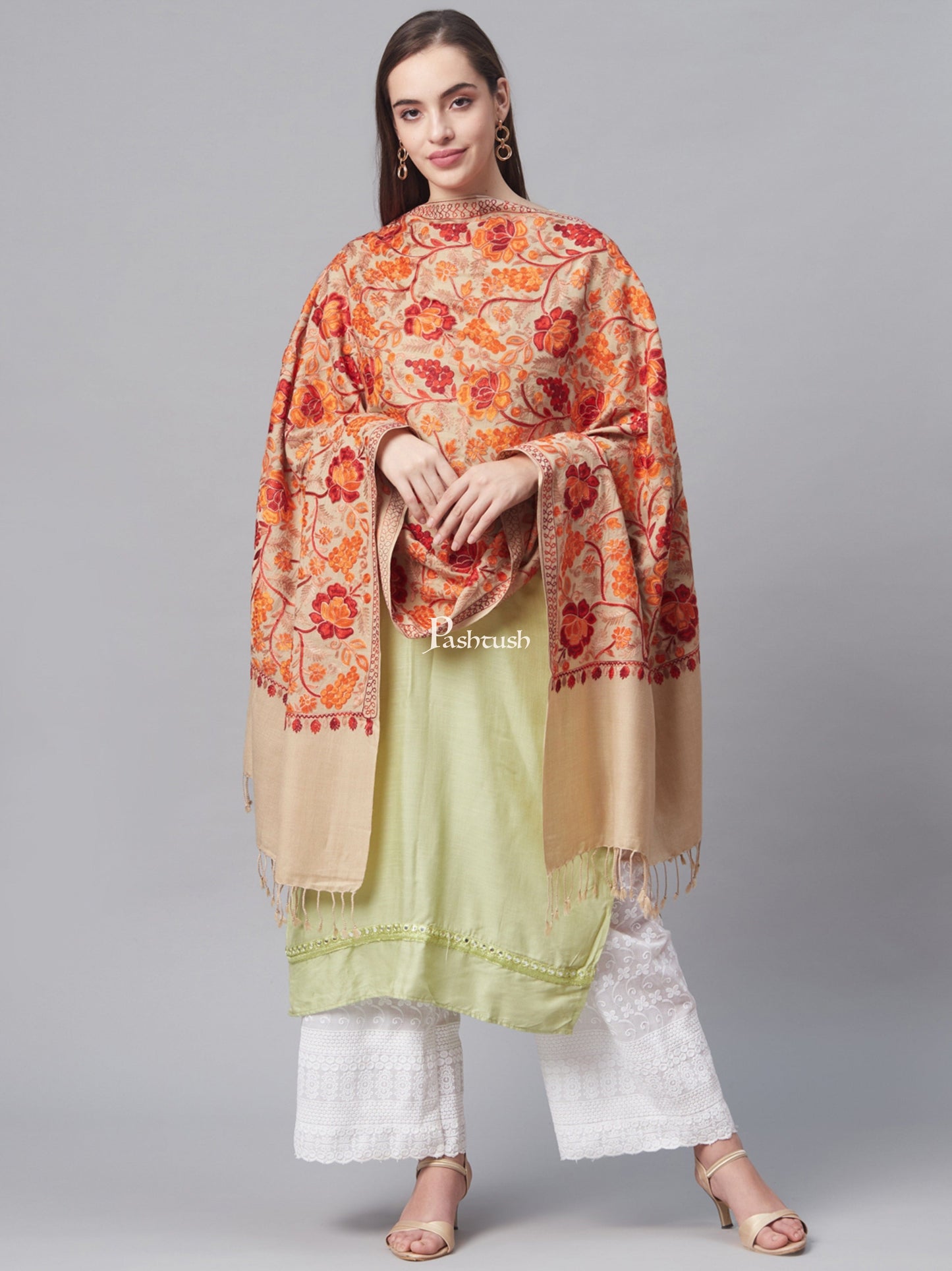 Pashtush India Womens Stoles and Scarves Scarf Pashtush Womens Aari Embroidery Stole Pervian Roses, Gulaabdar Beige