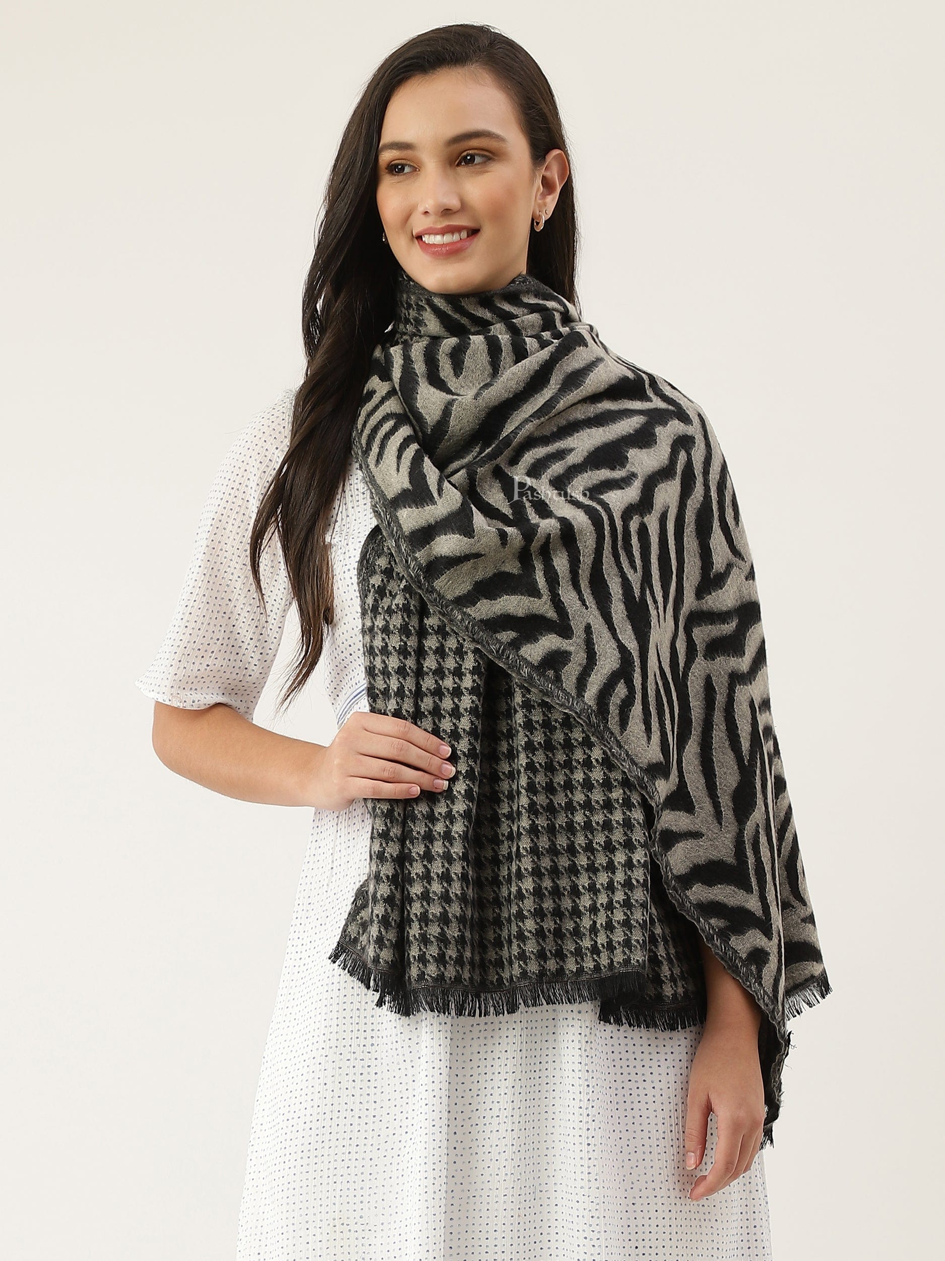 Pashtush India Womens Stoles and Scarves Scarf Pashtush womens Acro Wool Stole, Monotone Wild Stripes design, Black