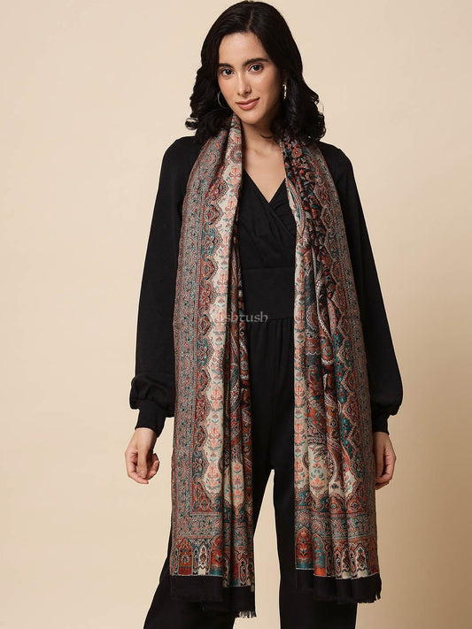 Pashtush India Womens Shawls Pashtush Womens Antique Look Jamawar Shawl, Rich Garden Aesthetic, Faux Pashmina, Black