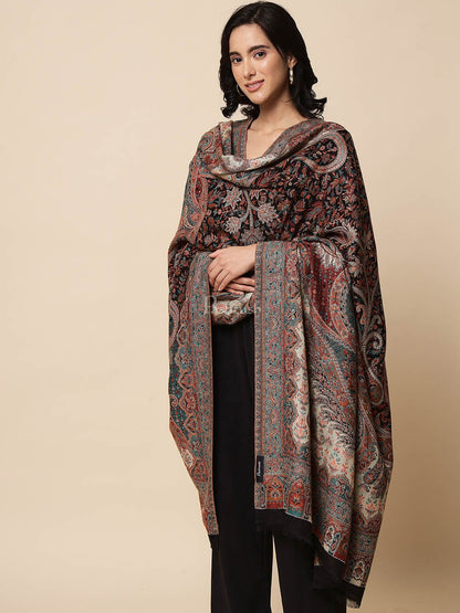 Pashtush India Womens Shawls Pashtush Womens Antique Look Jamawar Shawl, Rich Garden Aesthetic, Faux Pashmina, Black