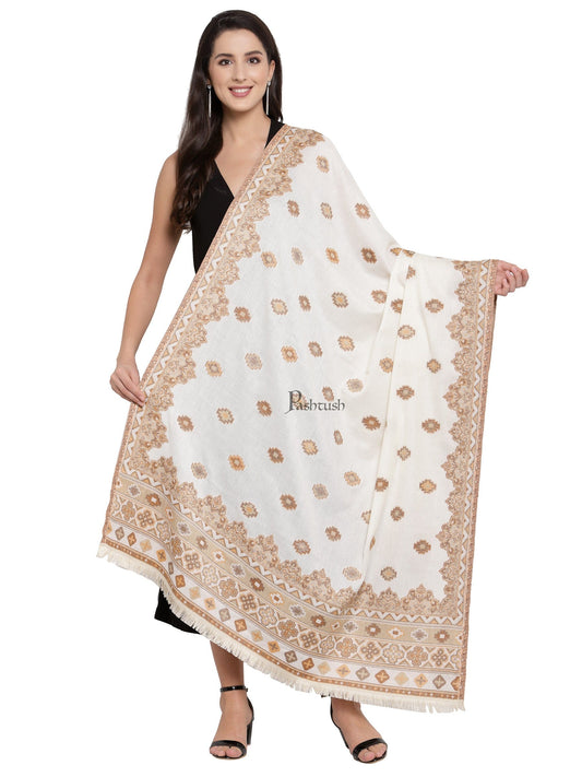 Pashtush India Womens Shawls Pashtush Womens Aztec Jamawar Shawl, Faux Pashmina, Woven Jacquard Design With Aztec Weaving Design, Soft And Warm Faux Pashmina White
