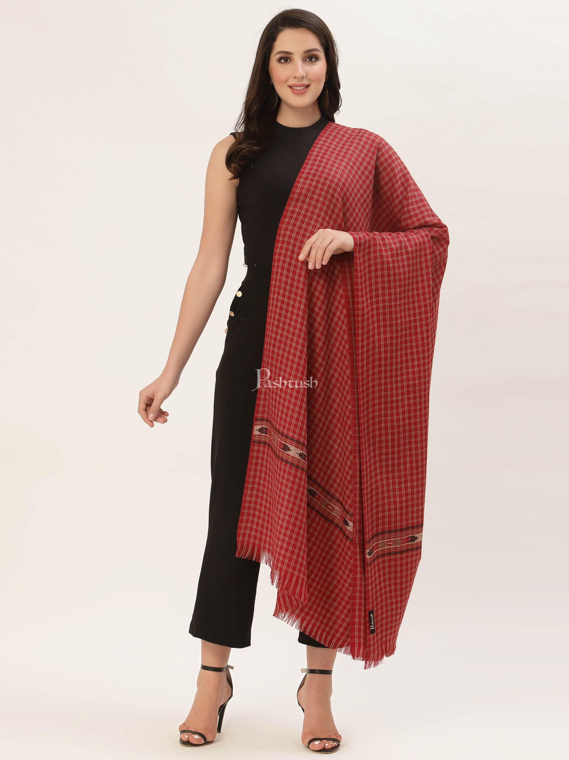 Pashtush India Womens Shawls Pashtush Womens Aztec Weave Shawl From Himachal, Red