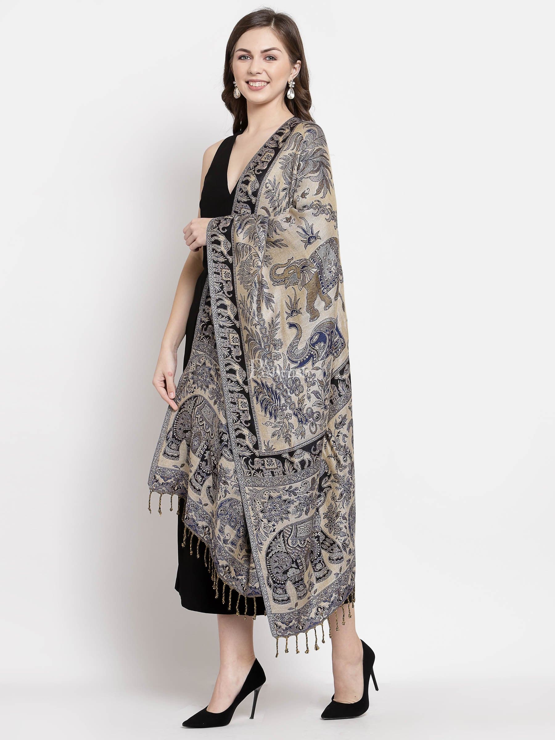 Pashtush India Womens Stoles and Scarves Scarf Pashtush Womens Bamboo Reversible Stole, Safari Animals, Elephant Design, Black