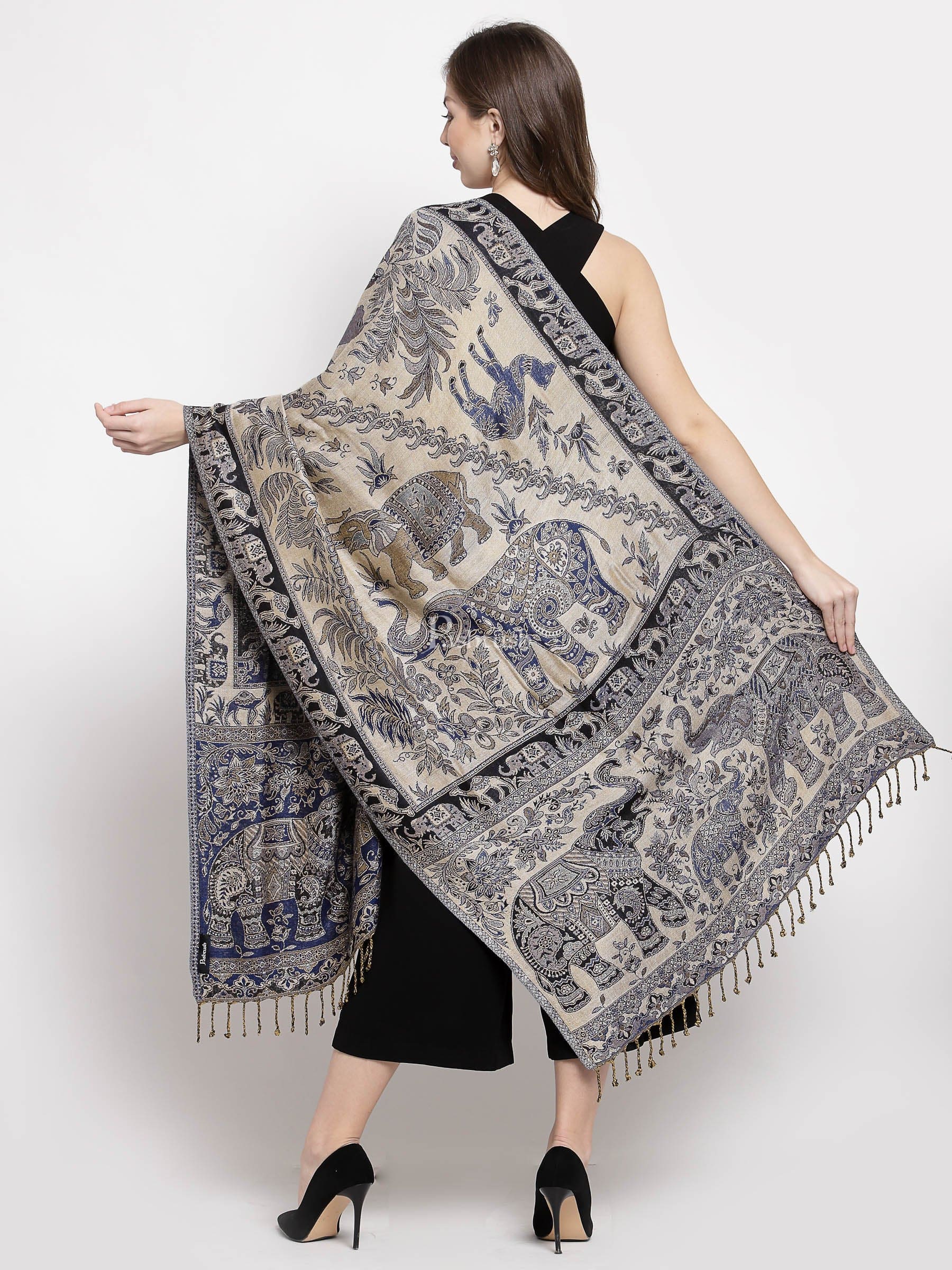 Pashtush India Womens Stoles and Scarves Scarf Pashtush Womens Bamboo Reversible Stole, Safari Animals, Elephant Design, Black