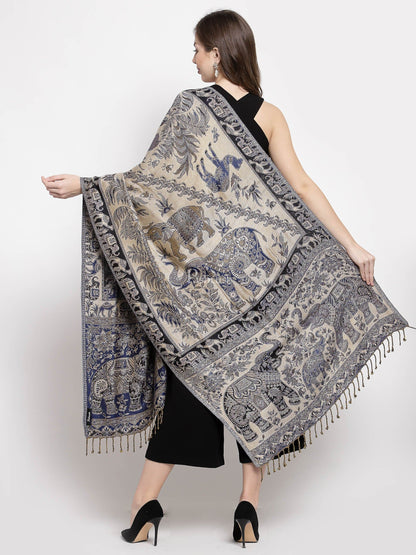 Pashtush India Womens Stoles and Scarves Scarf Pashtush Womens Bamboo Reversible Stole, Safari Animals, Elephant Design, Black