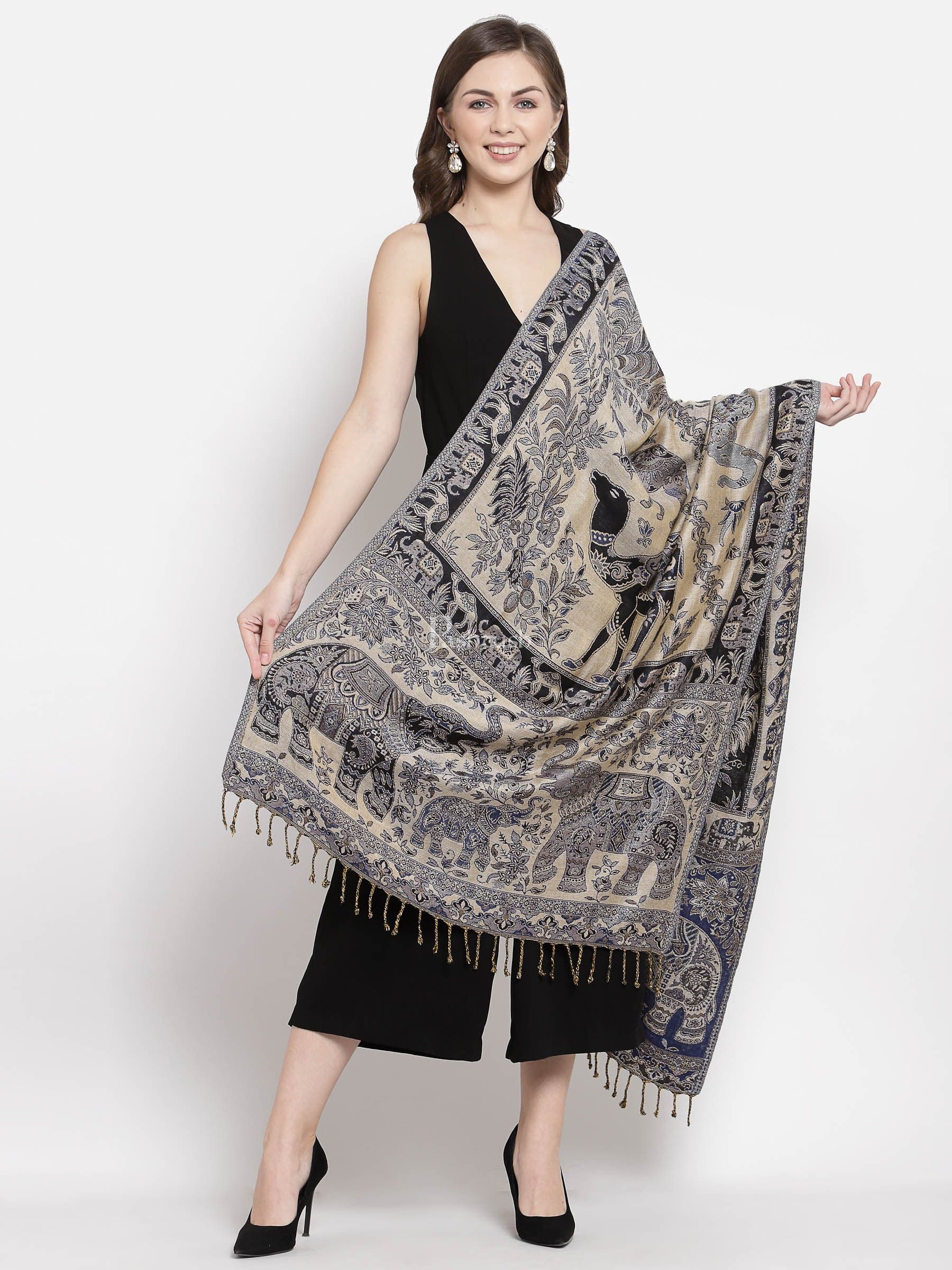 Pashtush India Womens Stoles and Scarves Scarf Pashtush Womens Bamboo Reversible Stole, Safari Animals, Elephant Design, Black