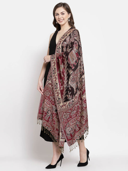 Pashtush India Womens Stoles and Scarves Scarf Pashtush Womens Bamboo Reversible Stole, Safari Elephants, Maroon And Black