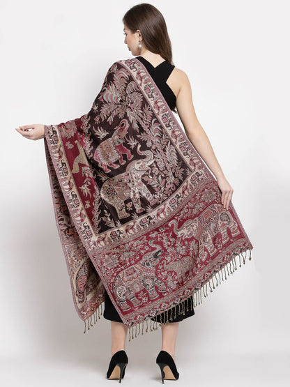 Pashtush India Womens Stoles and Scarves Scarf Pashtush Womens Bamboo Reversible Stole, Safari Elephants, Maroon And Black
