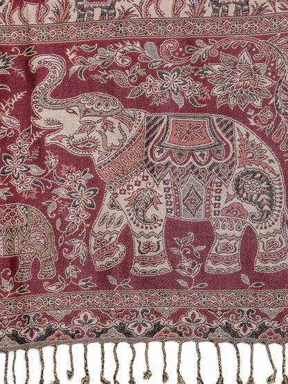 Pashtush India Womens Stoles and Scarves Scarf Pashtush Womens Bamboo Reversible Stole, Safari Elephants, Maroon And Black