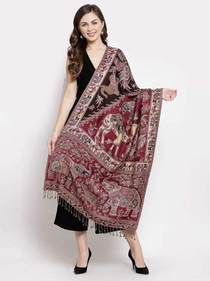 Pashtush India Womens Stoles and Scarves Scarf Pashtush Womens Bamboo Reversible Stole, Safari Elephants, Maroon And Black