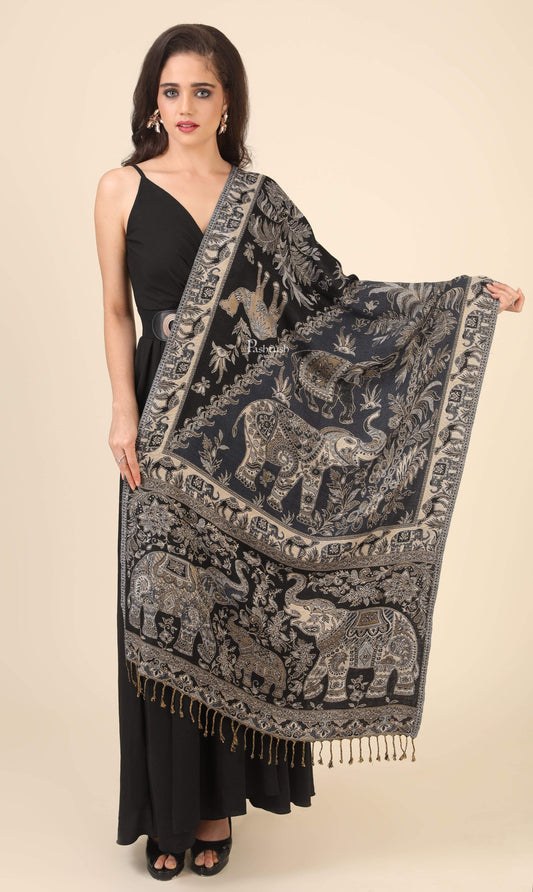 Pashtush India 70x200 Pashtush Womens Bamboo Reversible Stole, Tribal elephants