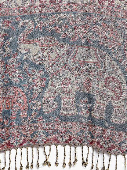 Pashtush India Womens Stoles and Scarves Scarf Pashtush Womens Bamboo Reversible Stole, Tribal Elephants, Azure