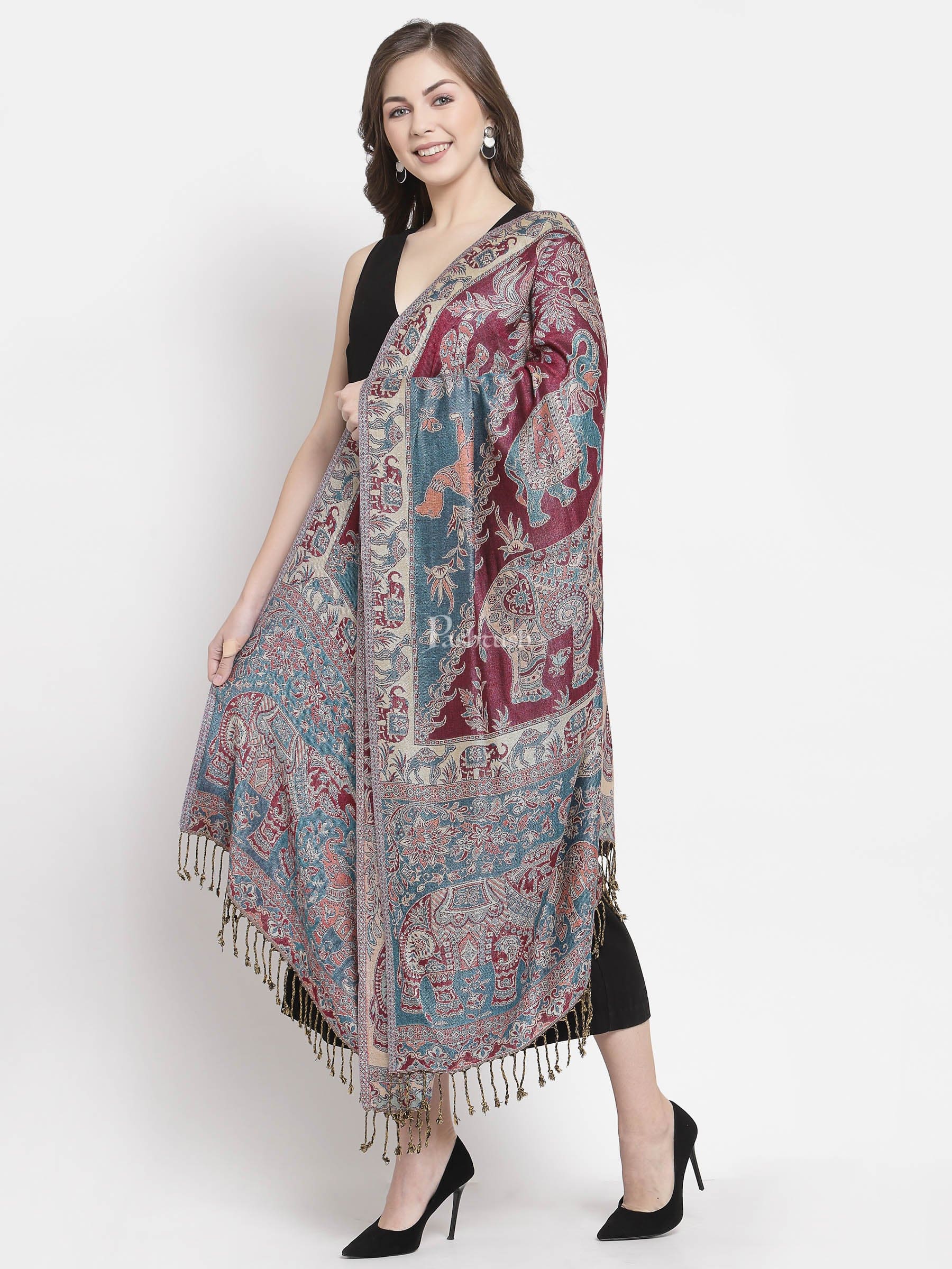 Pashtush India Womens Stoles and Scarves Scarf Pashtush Womens Bamboo Reversible Stole, Tribal Elephants, Azure