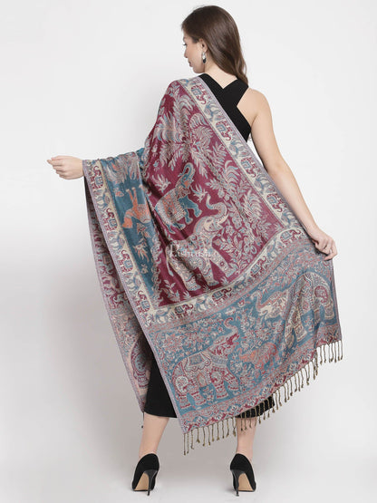 Pashtush India Womens Stoles and Scarves Scarf Pashtush Womens Bamboo Reversible Stole, Tribal Elephants, Azure