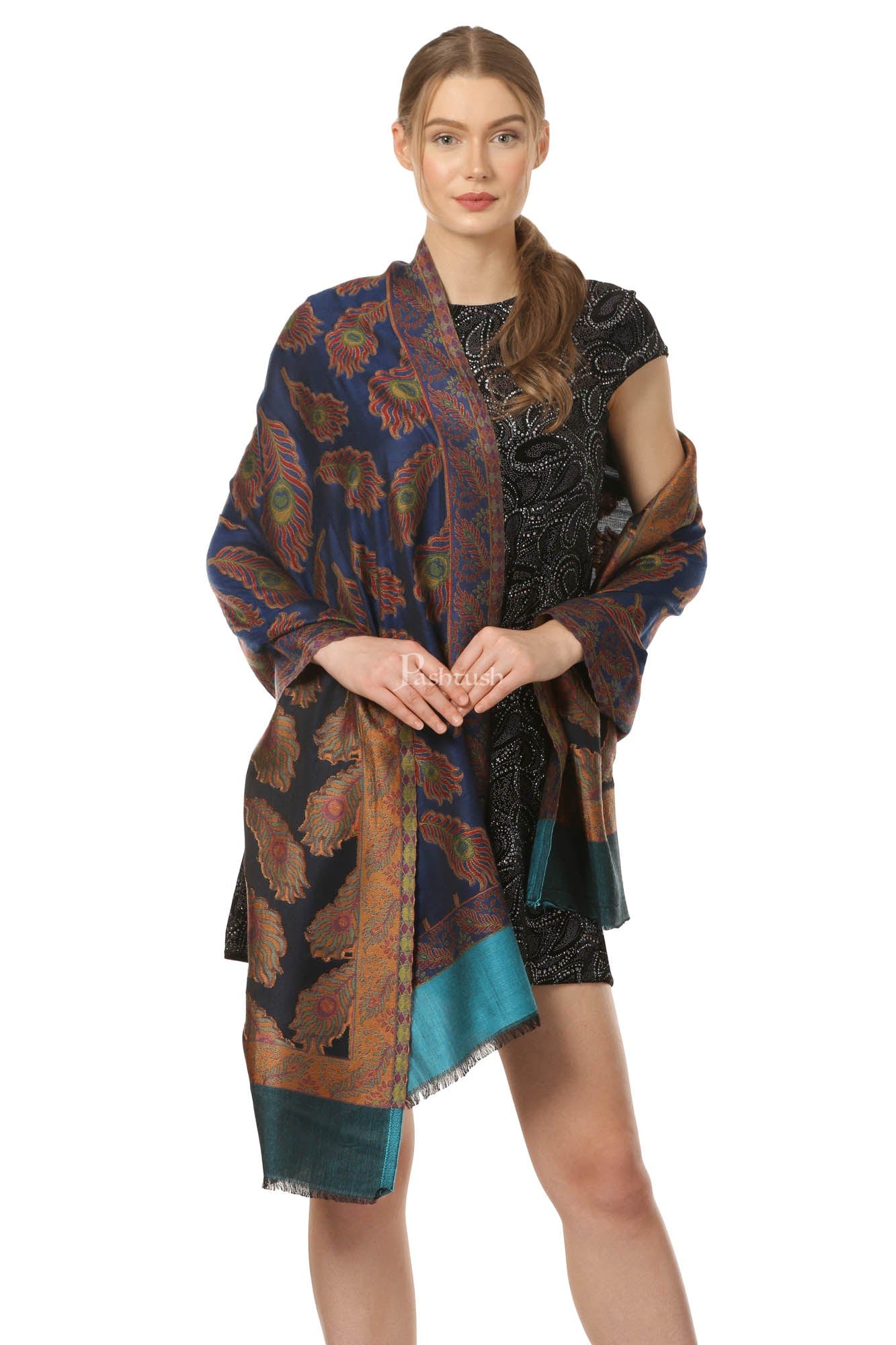 Pashtush India Womens Stoles and Scarves Scarf Pashtush Womens Bamboo Scarf, Woven Peacock Design, Soft And Natural