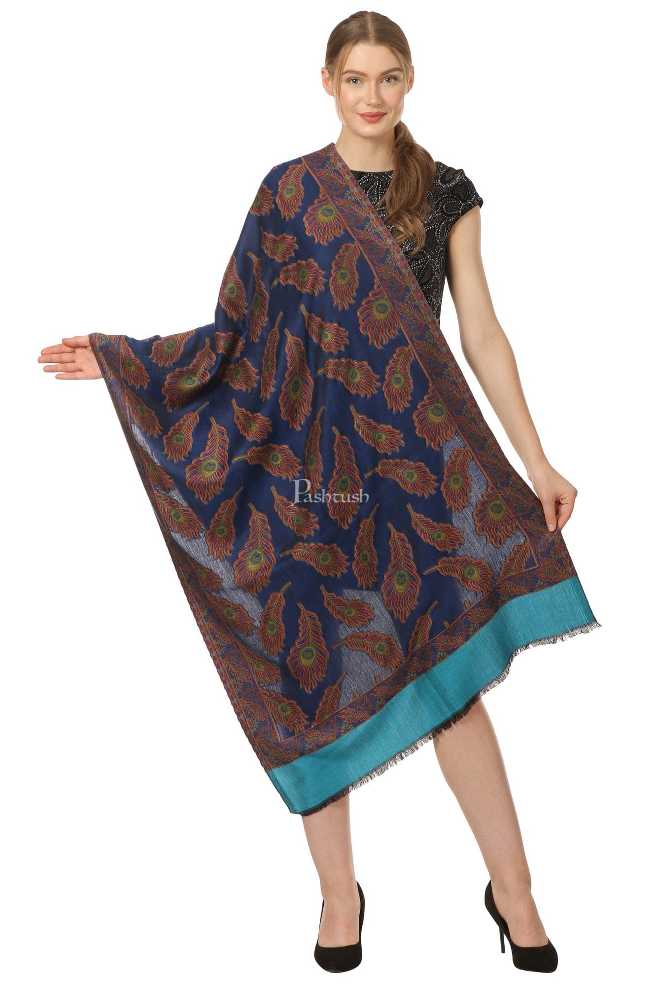 Pashtush India Womens Stoles and Scarves Scarf Pashtush Womens Bamboo Scarf, Woven Peacock Design, Soft And Natural