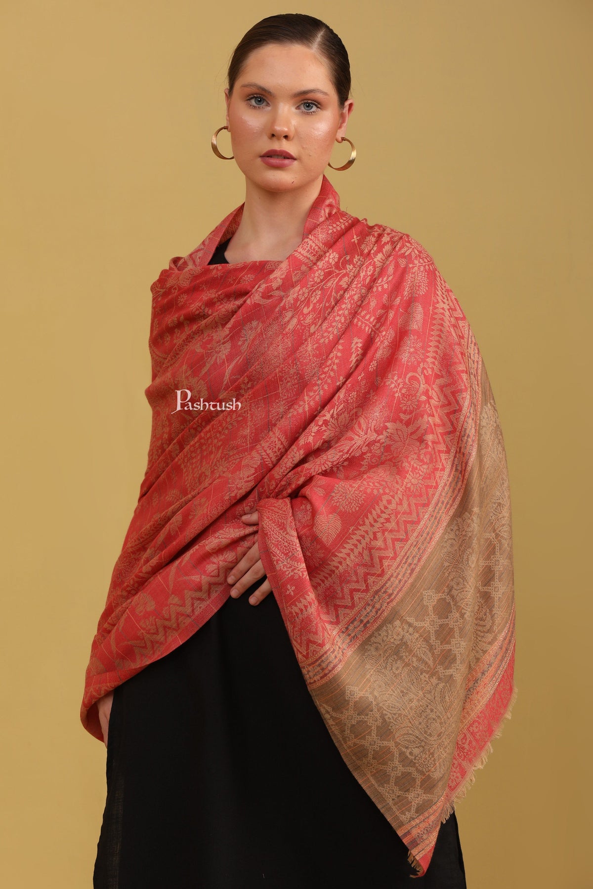 Pashtush India Womens Shawls Pashtush Womens Bamboo Shawl, Woven Ethnic Weave With Metallic Threads, Maroon