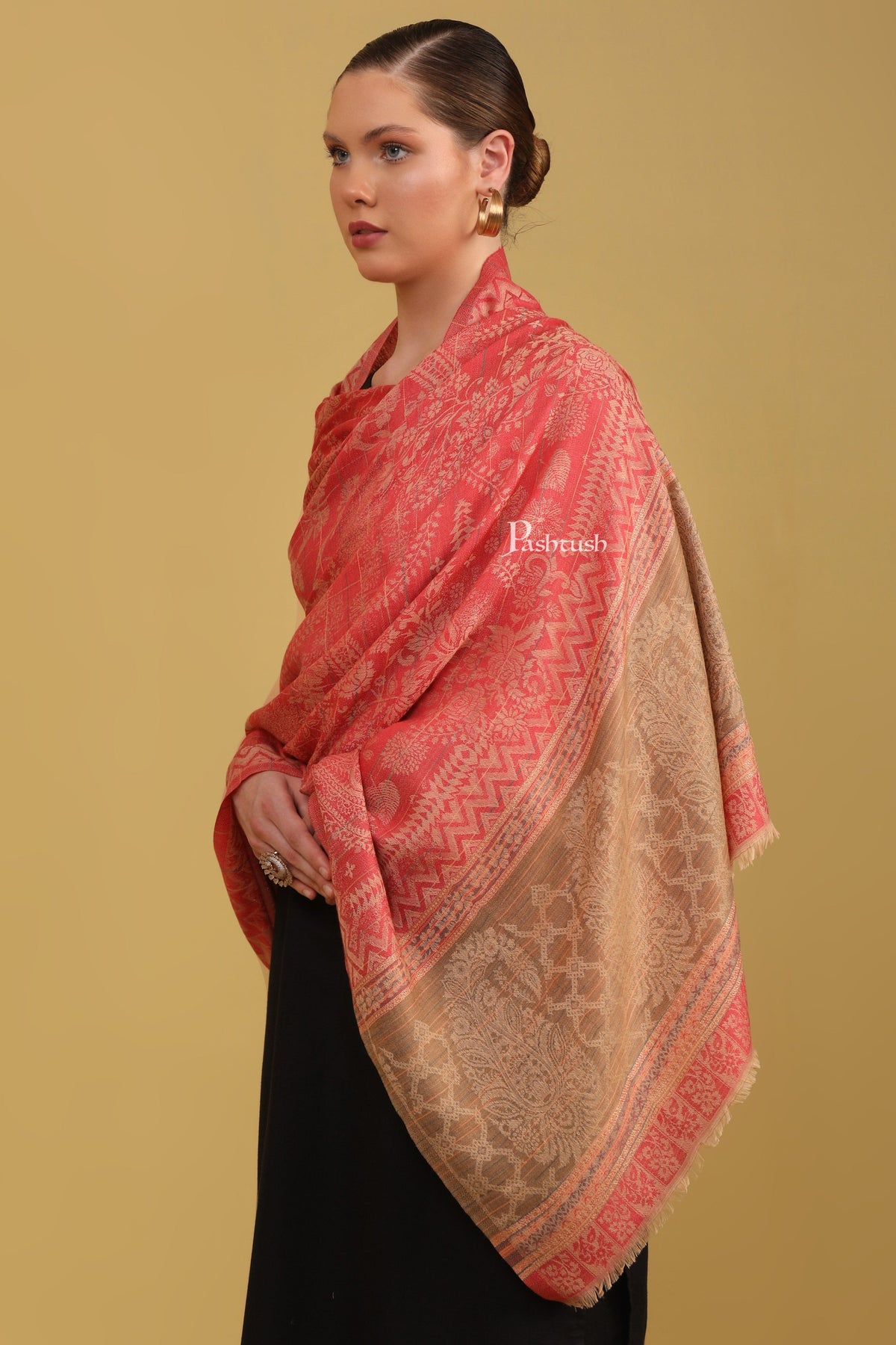 Pashtush India Womens Shawls Pashtush Womens Bamboo Shawl, Woven Ethnic Weave With Metallic Threads, Maroon