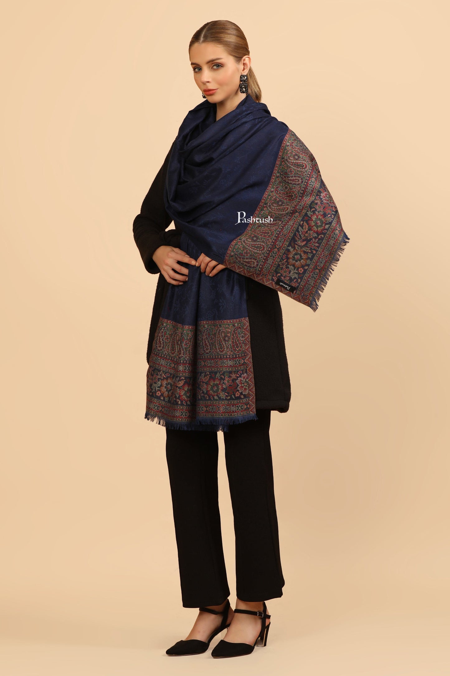 Pashtush India Womens Stoles and Scarves Scarf Pashtush Womens Bamboo Stole, Ambi Palla Design, Blue