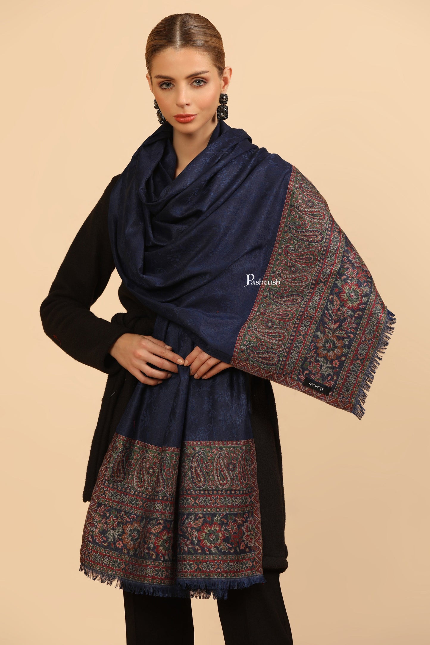 Pashtush India Womens Stoles and Scarves Scarf Pashtush Womens Bamboo Stole, Ambi Palla Design, Blue