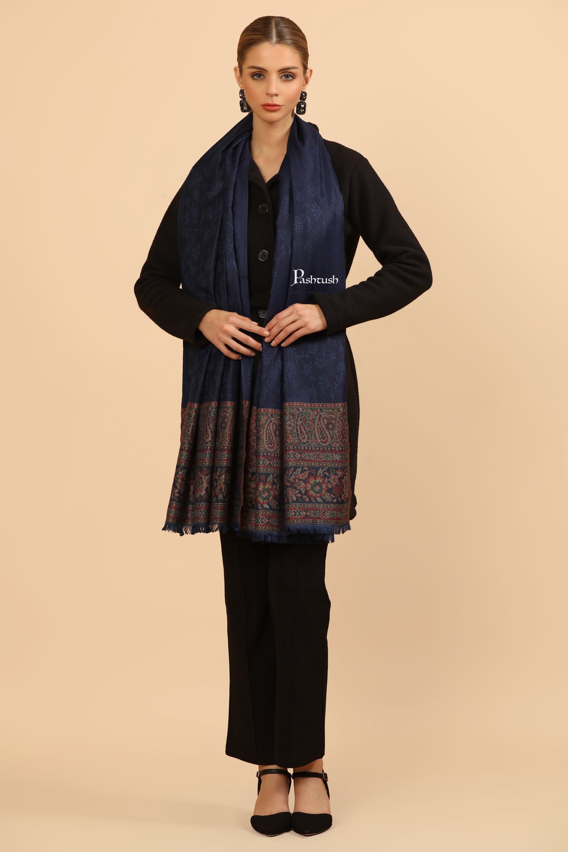 Pashtush India Womens Stoles and Scarves Scarf Pashtush Womens Bamboo Stole, Ambi Palla Design, Blue