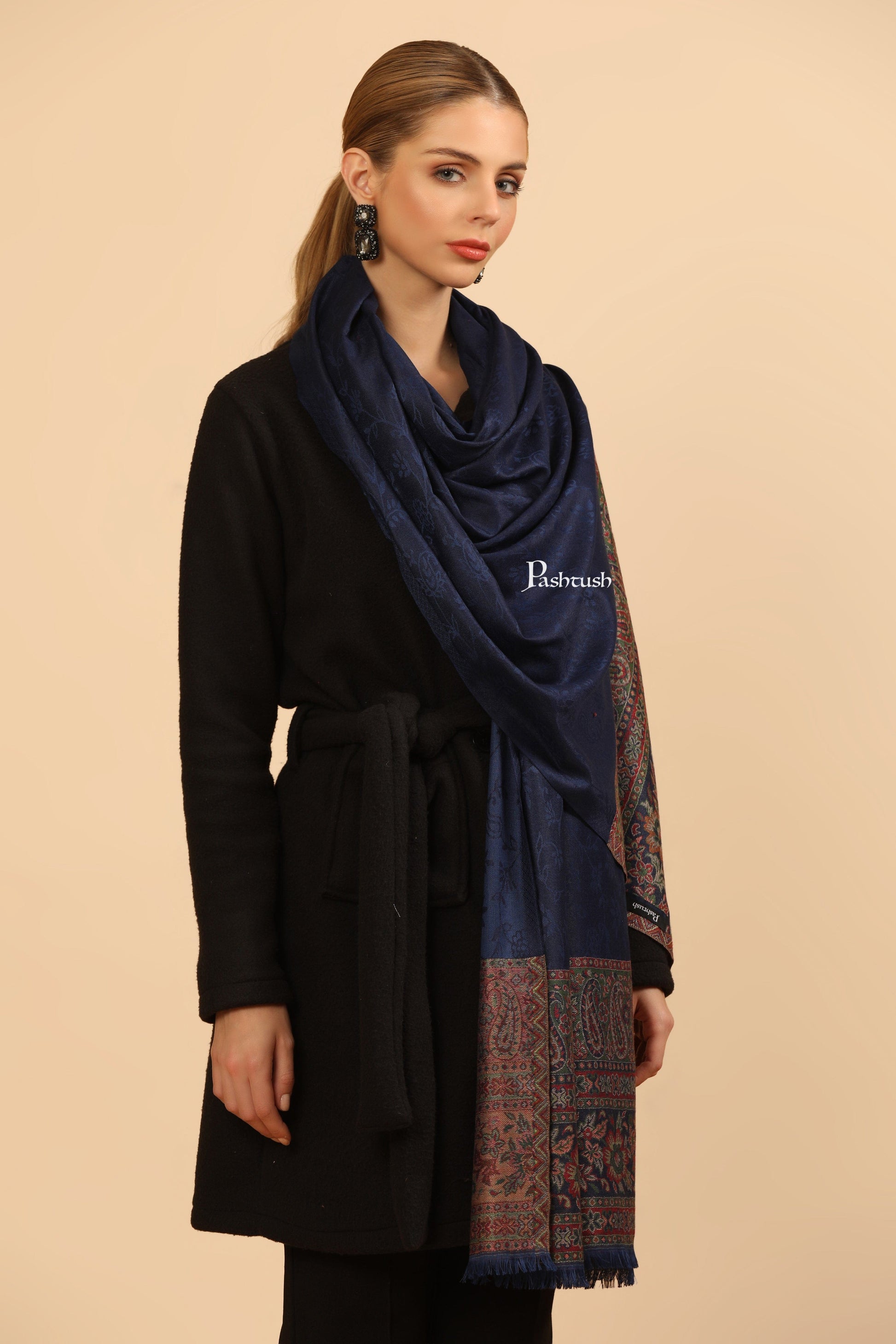 Pashtush India Womens Stoles and Scarves Scarf Pashtush Womens Bamboo Stole, Ambi Palla Design, Blue