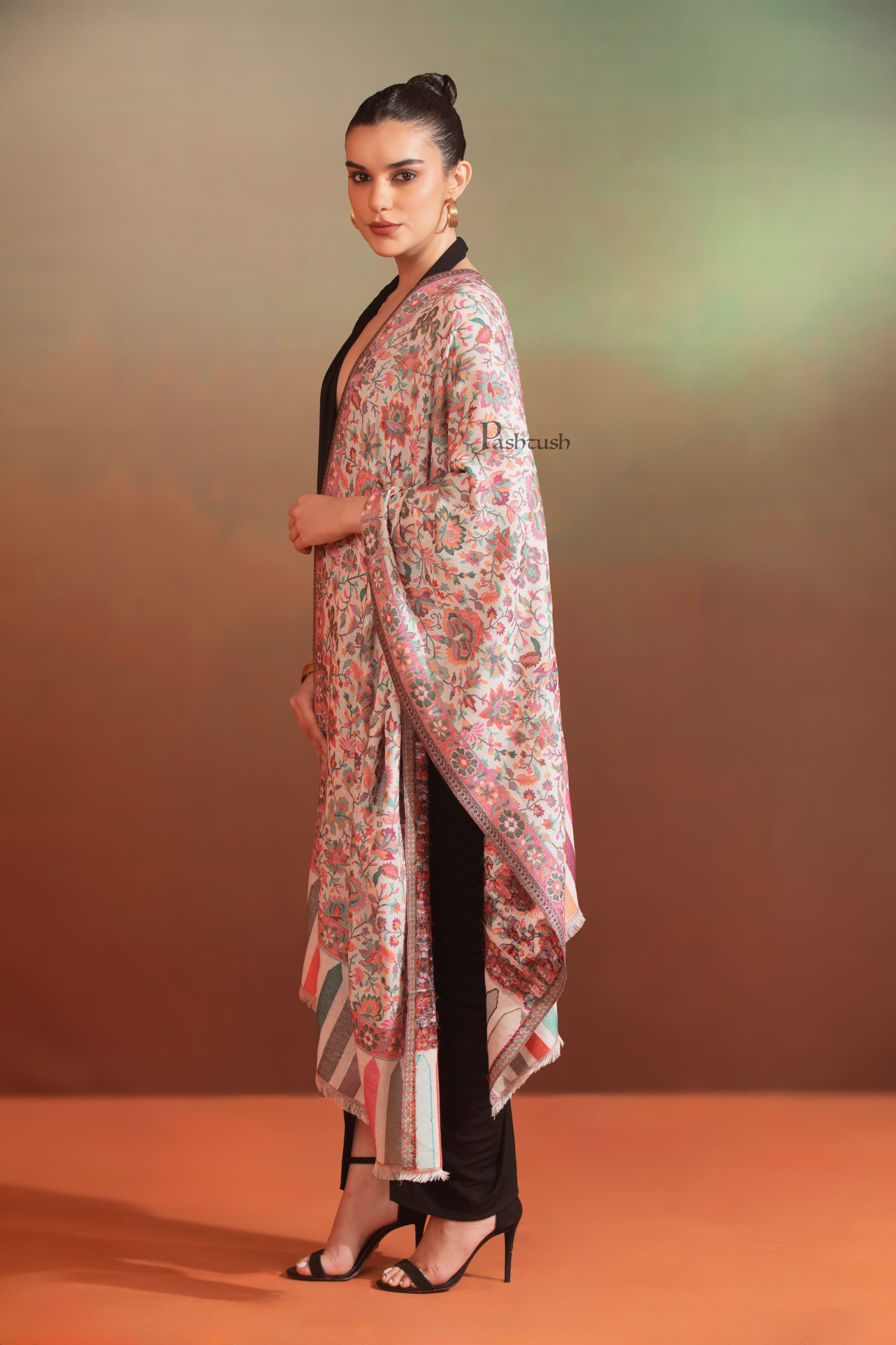 Pashtush India Womens Stoles and Scarves Scarf Pashtush Womens Bamboo Stole, Floral Ethnic Weave Design, Ivory