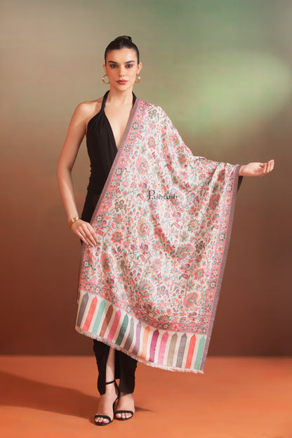 Pashtush India Womens Stoles and Scarves Scarf Pashtush Womens Bamboo Stole, Floral Ethnic Weave Design, Ivory