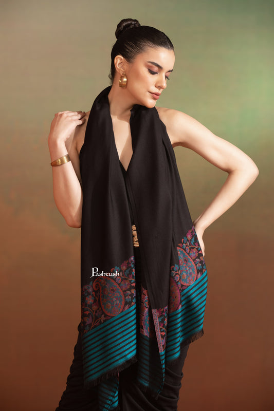 Pashtush India Womens Stoles and Scarves Scarf Pashtush Womens Bamboo Stole, Paisley Palla, Woven Design, Black And Blue