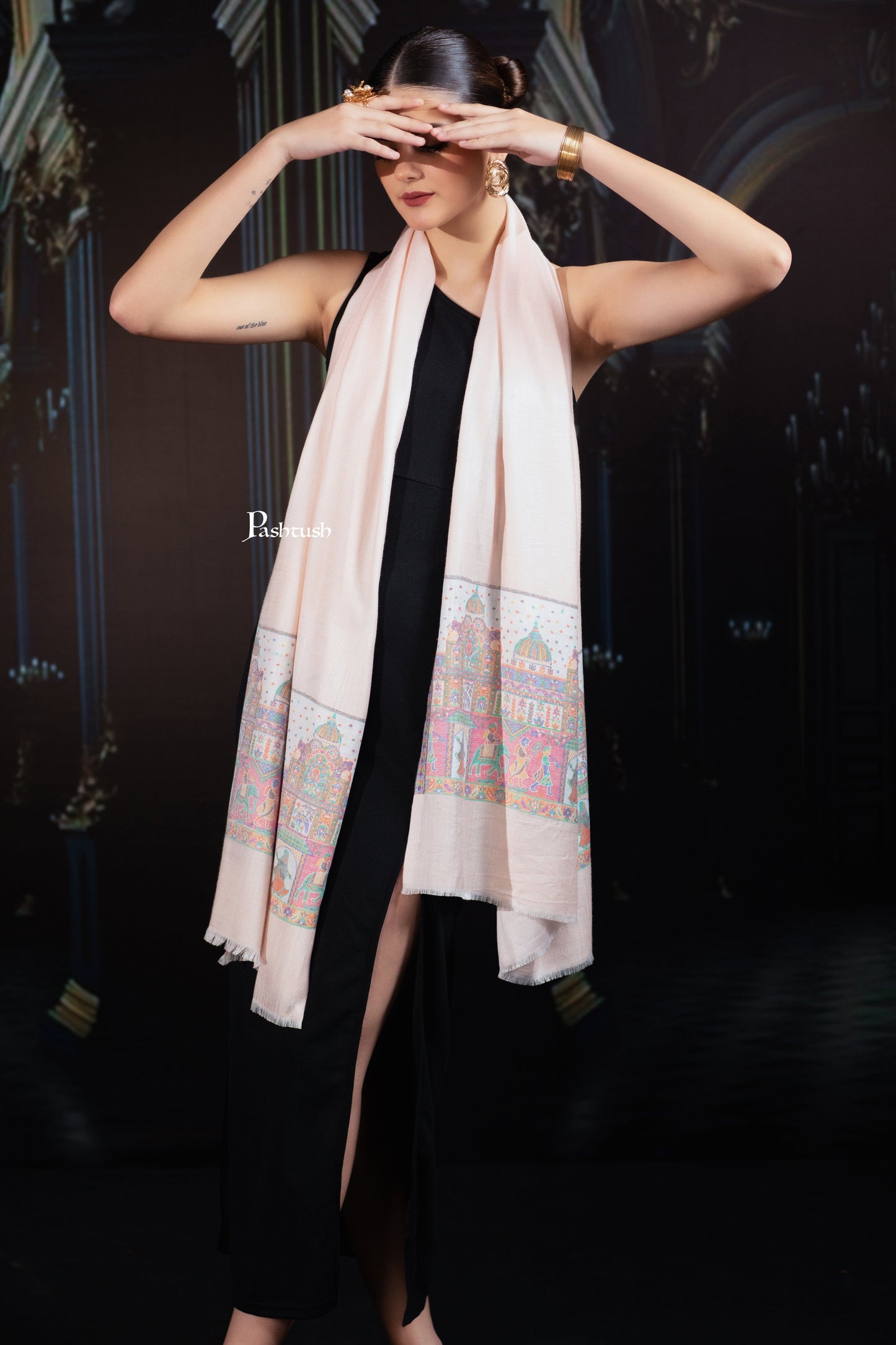 Pashtush India womens scarf and Stoles Pashtush Womens Bamboo Stole, Royal Darbar Palla Design, Peach
