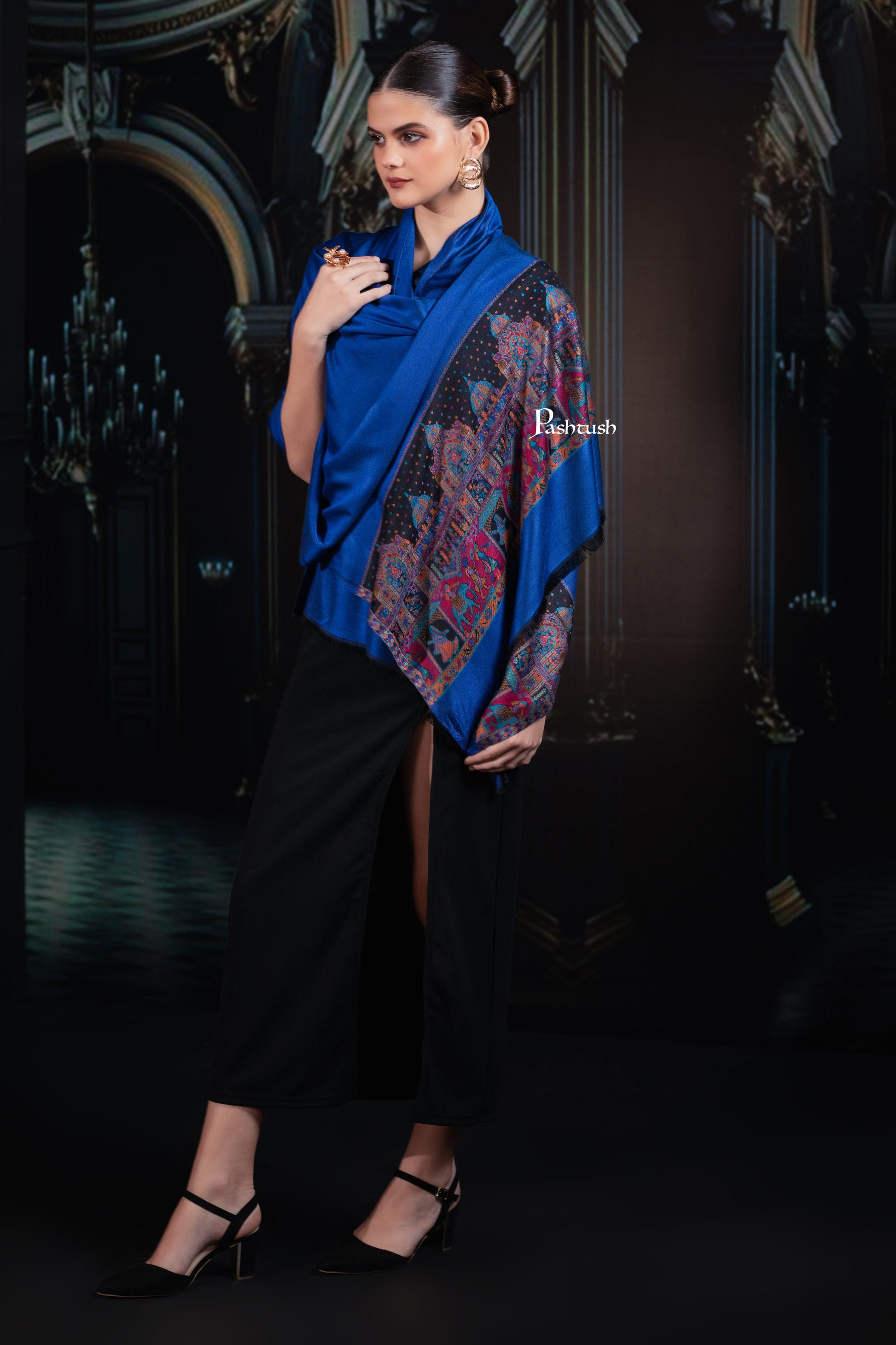 Pashtush India womens scarf and Stoles Pashtush Womens Bamboo Stole, Royal Darbar Palla, Lapiz Blue