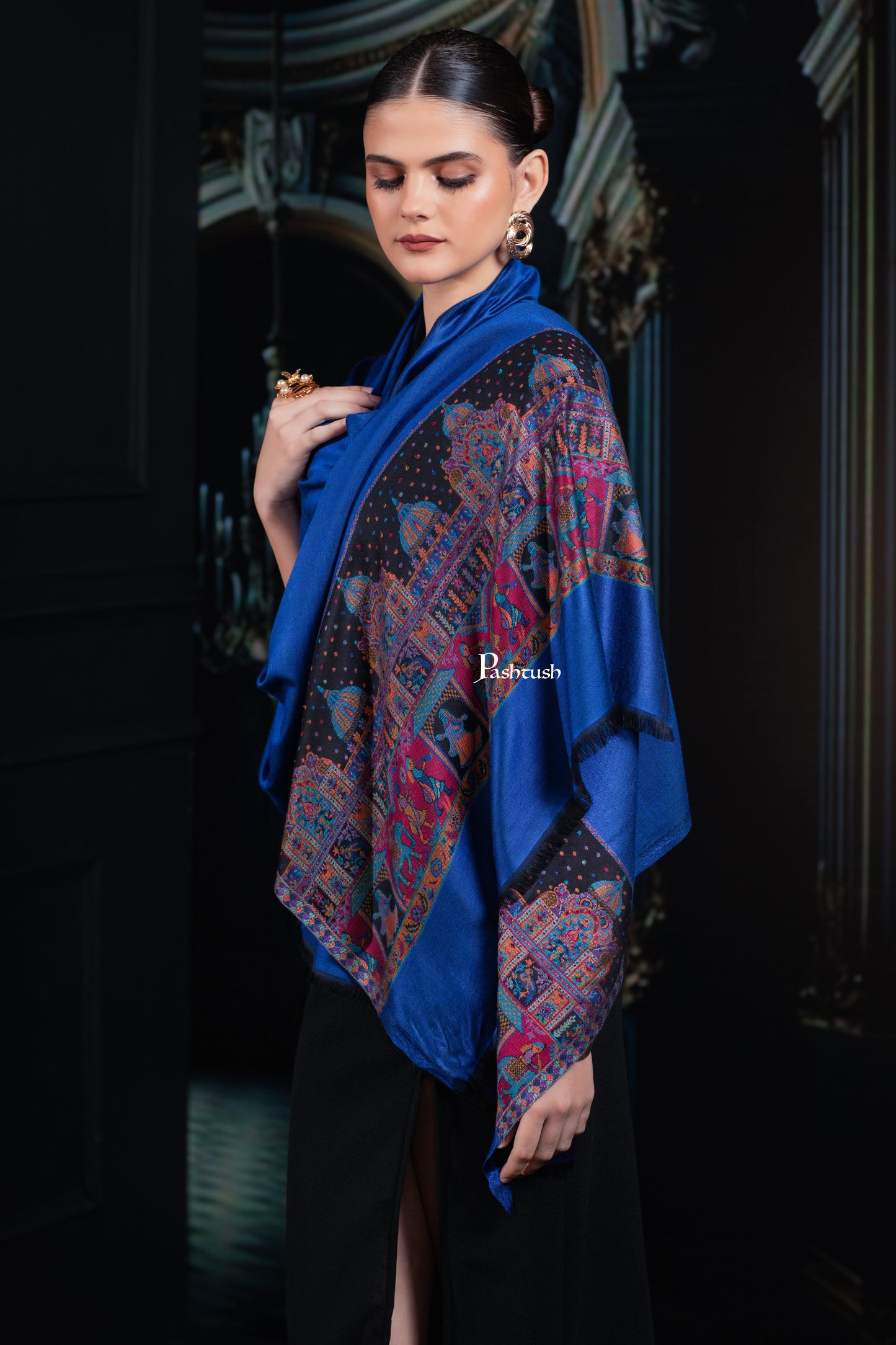 Pashtush India womens scarf and Stoles Pashtush Womens Bamboo Stole, Royal Darbar Palla, Lapiz Blue