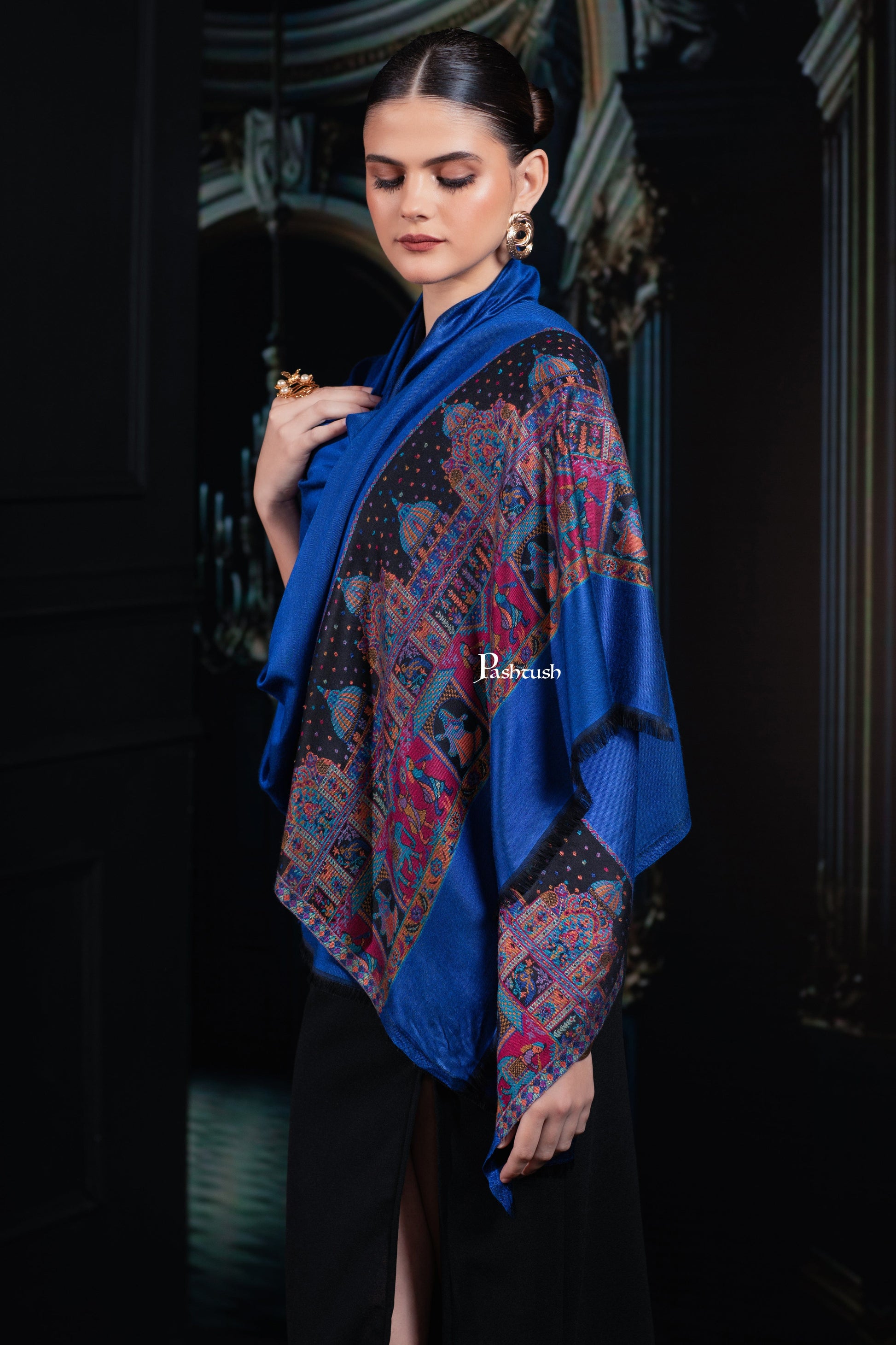 Pashtush India womens scarf and Stoles Pashtush Womens Bamboo Stole, Royal Darbar Palla, Lapiz Blue