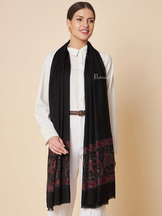 Pashtush India Womens Stoles and Scarves Scarf Pashtush Womens Bamboo Stole, Royal Elephants Palla Design, Black