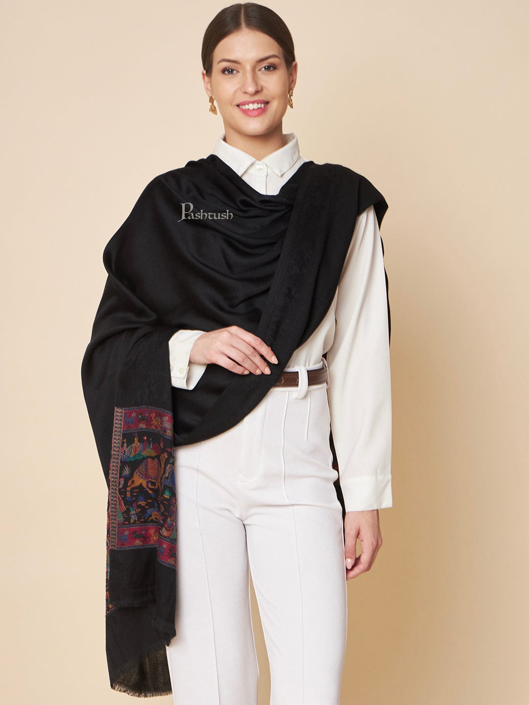 Pashtush India Womens Stoles and Scarves Scarf Pashtush Womens Bamboo Stole, Royal Elephants Palla Design, Black