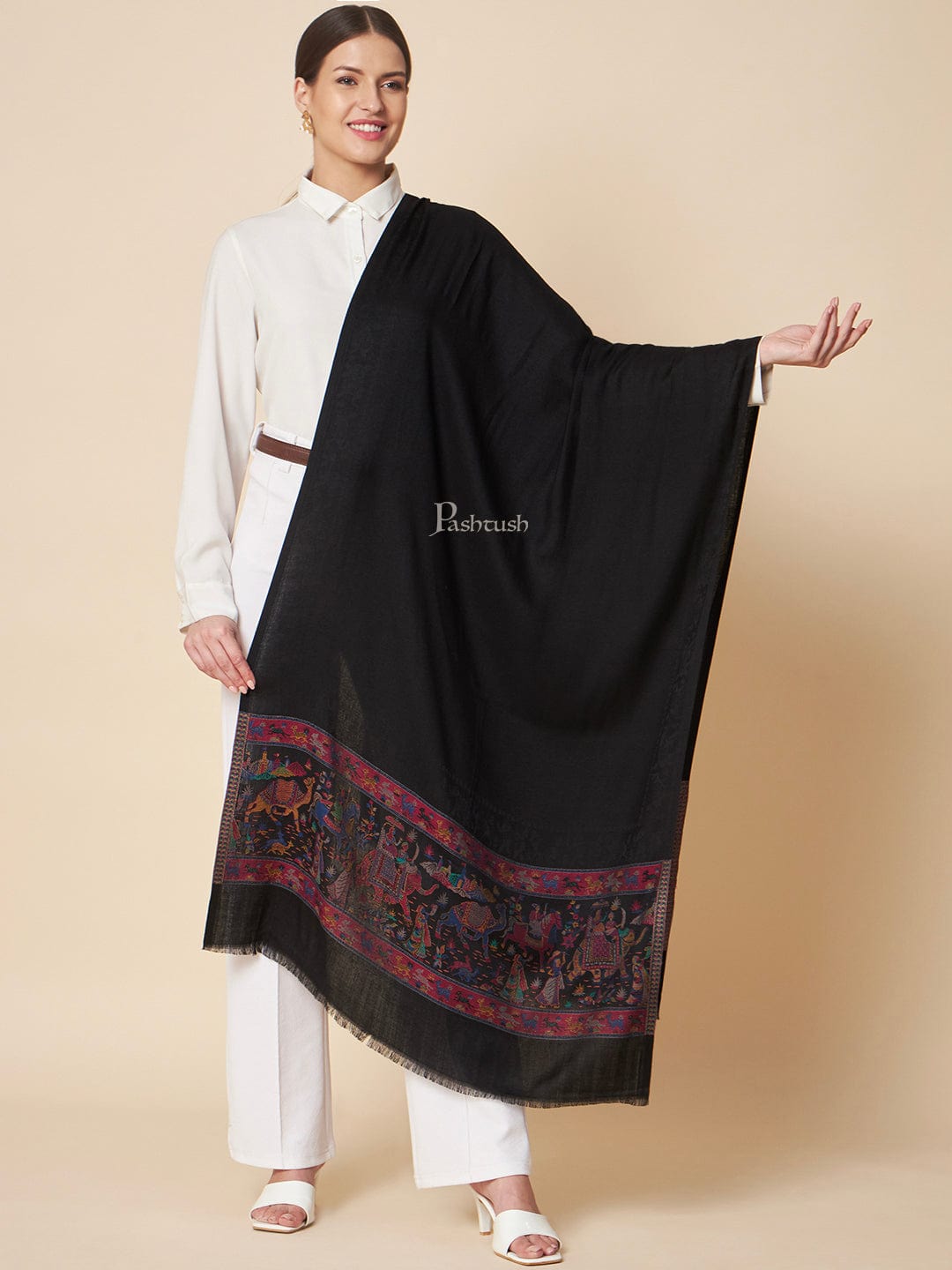 Pashtush India Womens Stoles and Scarves Scarf Pashtush Womens Bamboo Stole, Royal Elephants Palla Design, Black