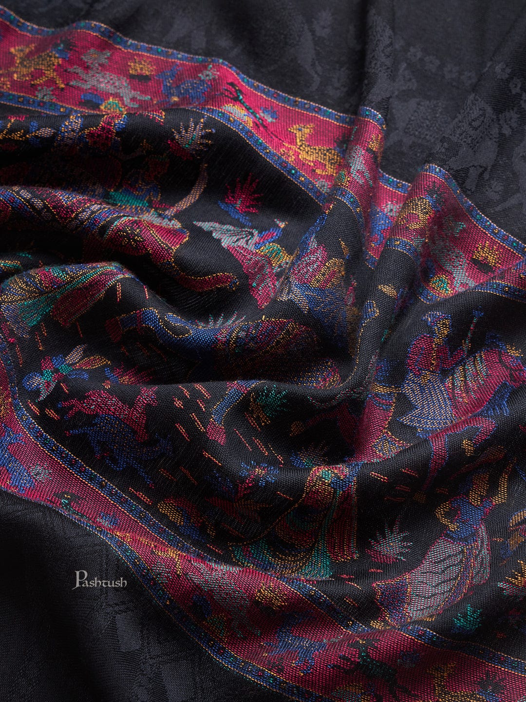 Pashtush India Womens Stoles and Scarves Scarf Pashtush Womens Bamboo Stole, Royal Elephants Palla Design, Black