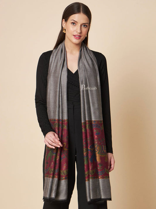 Pashtush India Womens Stoles and Scarves Scarf Pashtush Womens Bamboo Stole, Royal Elephants Palla Design, Grey