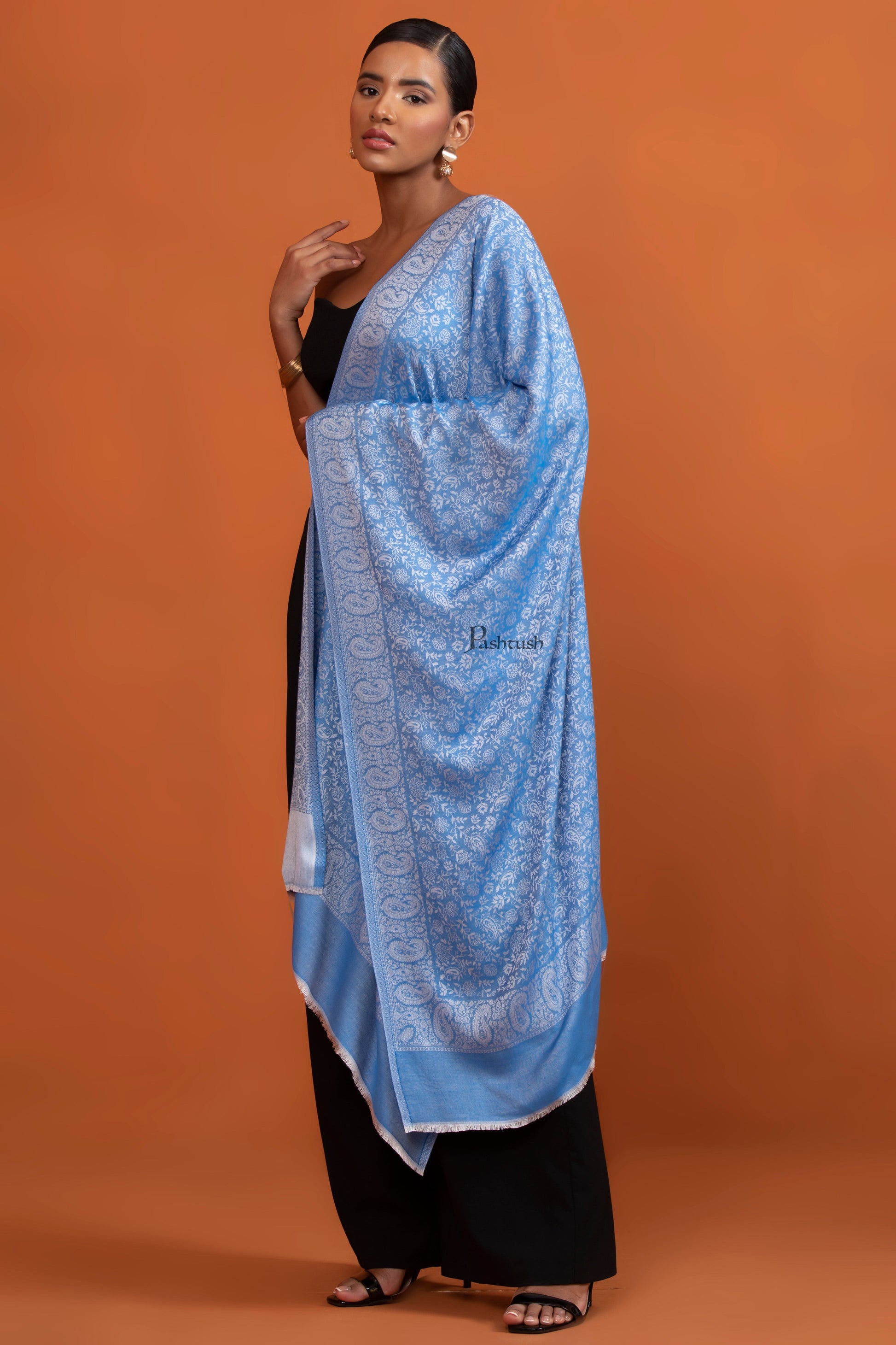 Pashtush India Womens Stoles and Scarves Scarf Pashtush Womens Bamboo Stole, Self Paisley Weave Reversible, Blue