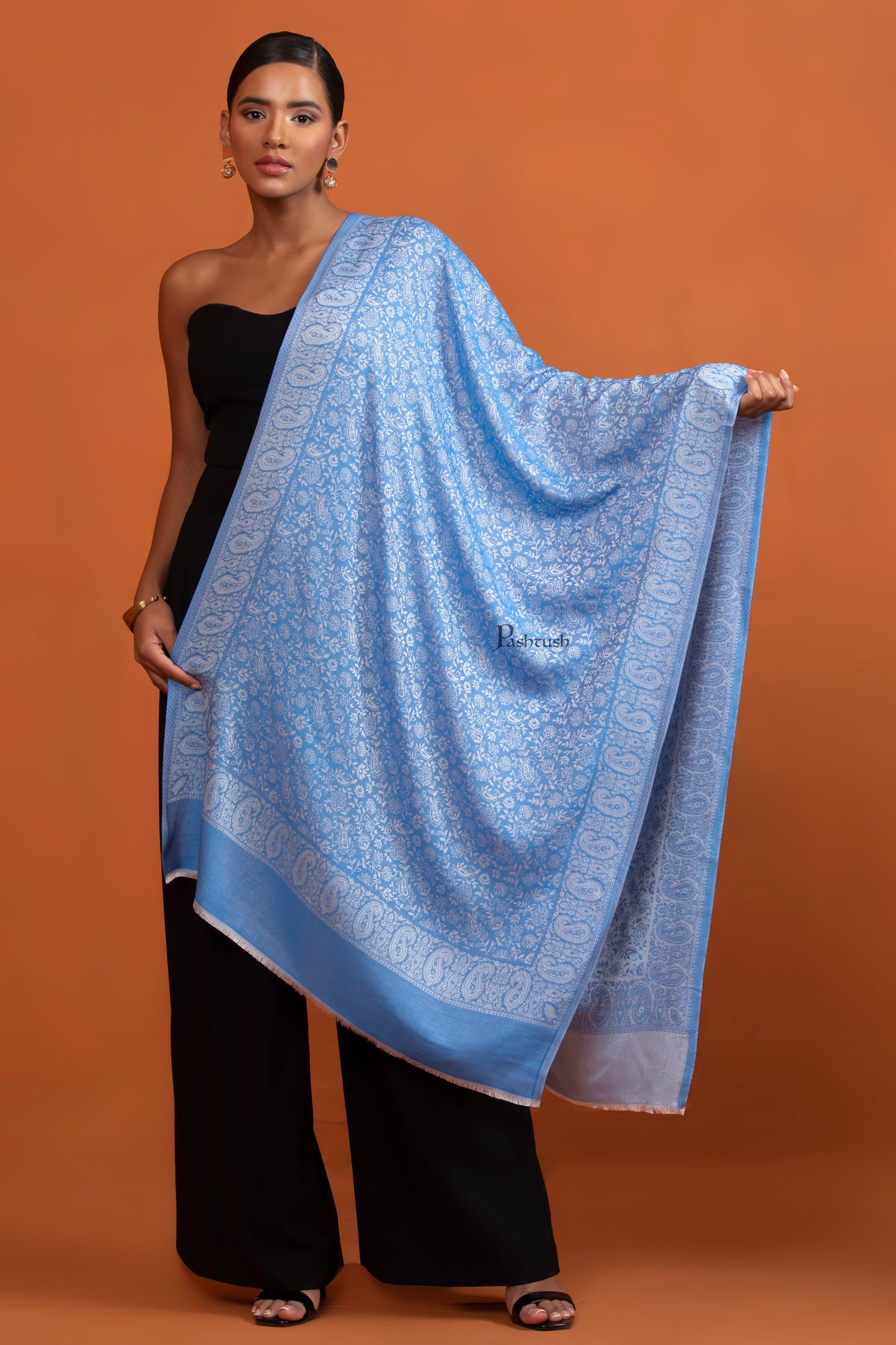 Pashtush India Womens Stoles and Scarves Scarf Pashtush Womens Bamboo Stole, Self Paisley Weave Reversible, Blue