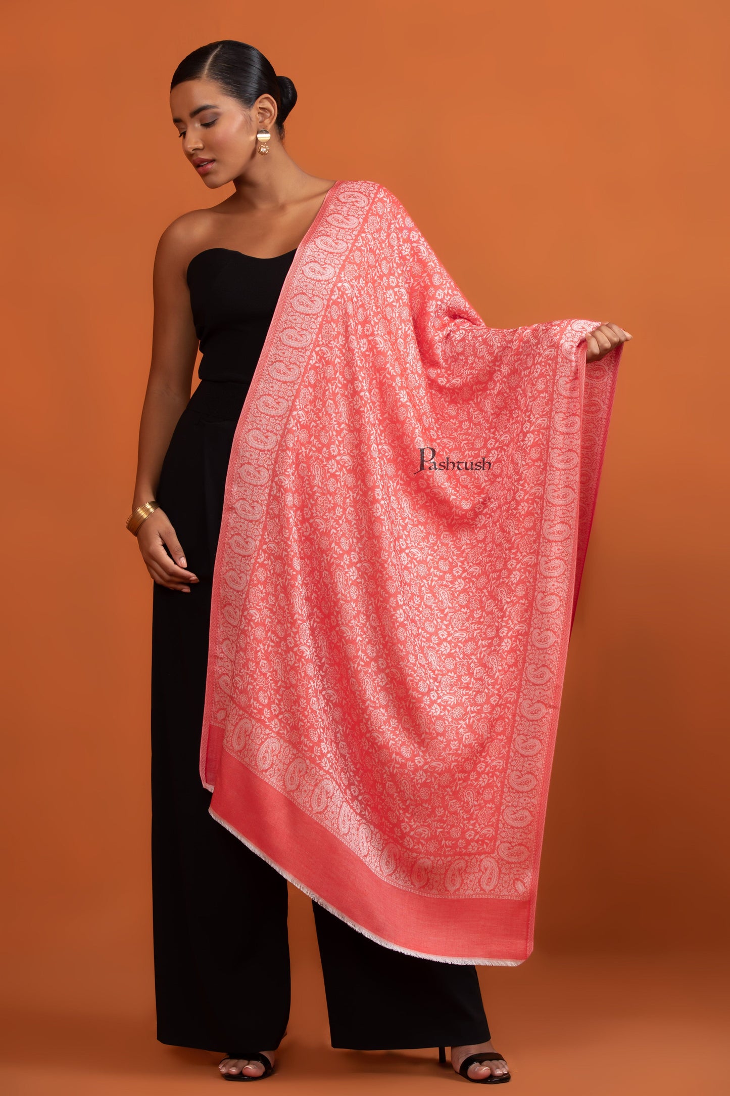 Pashtush India Womens Stoles and Scarves Scarf Pashtush Womens Bamboo Stole, Self Paisley Weave Reversible, Red