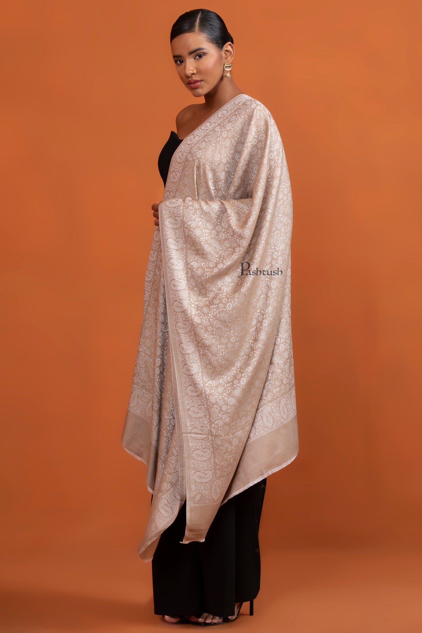 Pashtush India Womens Stoles and Scarves Scarf Pashtush Womens Bamboo Stole, Self Paisley Weave Reversible, Taupe