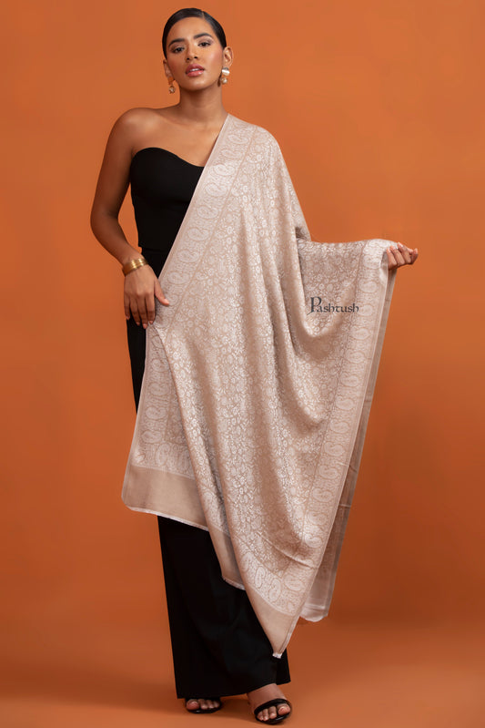 Pashtush India Womens Stoles and Scarves Scarf Pashtush Womens Bamboo Stole, Self Paisley Weave Reversible, Taupe