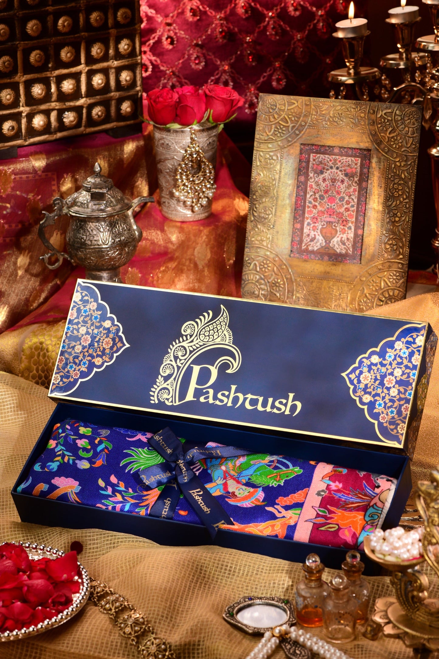 Pashtush India Gift Pack Pashtush womens Bamboo Stole, Shikardar design, Blue
