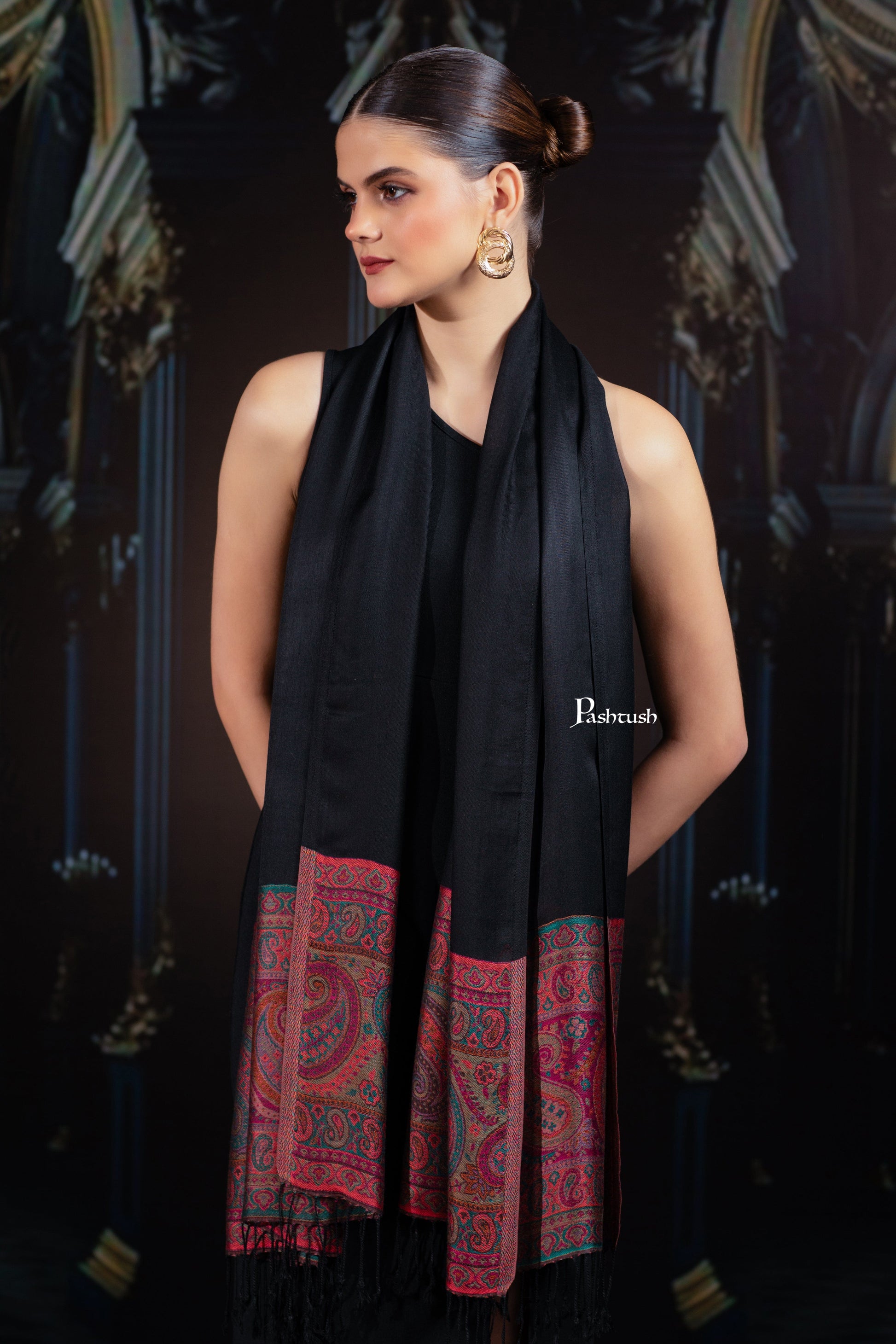 Pashtush India womens scarf and Stoles Pashtush Womens Bamboo Stole, Silky Soft, Woven Paisley Design, Black